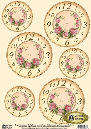 Е-082 Декупажная карта "Циферблаты с розами" от Vintage Design, формат А3, 1 шт 